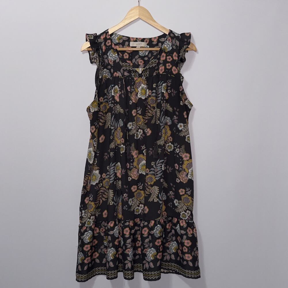 LOFT Black Floral Flutter Sleeve Tiered midi Dress women’s size XL